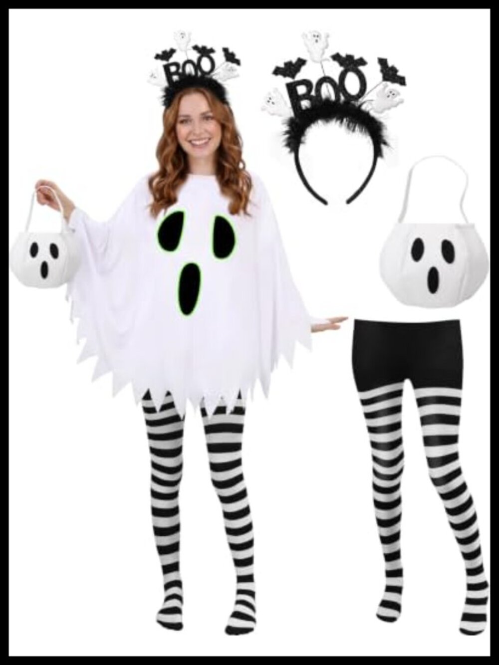 Glow in Dark Ghost Poncho Costume Set Headband Tights Bag Adult